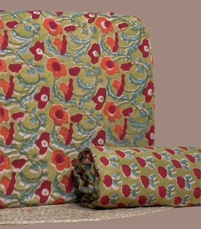 This 2pc unstitched fabric set includes a Blockprinted Soft Cotton top and matching bottom fabric in a poppy floral with a coordinating small-scale floral design. Soft