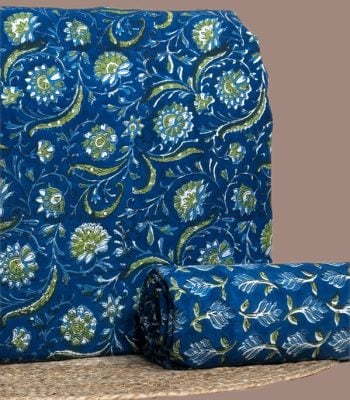 This 2pc unstitched fabric set includes a Blockprinted Soft Cotton top and matching bottom fabric in a navy-green floral vine design. Soft