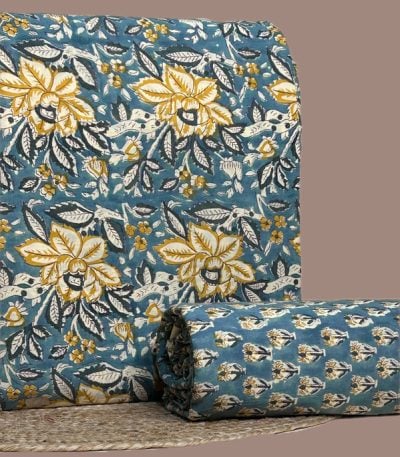 This 2pc unstitched fabric set includes a Blockprinted Soft Cotton top and matching bottom fabric in a gold-yellow floral with a coordinating block motif design. Soft