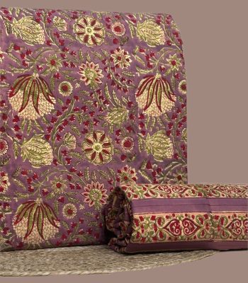 This 2pc unstitched fabric set includes a Blockprinted Soft Cotton top and matching bottom fabric in a ornate floral with a coordinating border-style print design. Soft