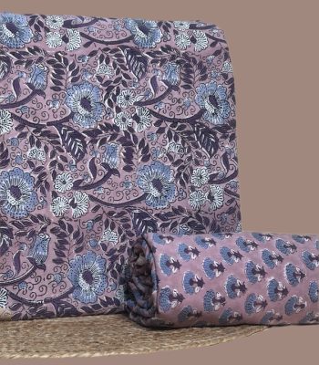 This 2pc unstitched fabric set includes a Blockprinted Soft Cotton top and matching bottom fabric in a bird and paisley floral with a coordinating fan motif design. Soft