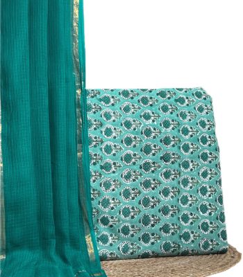 This 2pc unstitched fabric set features a sheer