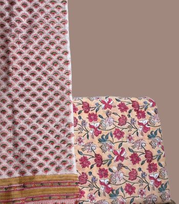 This 2pc unstitched fabric set features a Chanderi Silk Blockprint dupatta with a woven border
