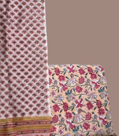 This 2pc unstitched fabric set features a Chanderi Silk Blockprint dupatta with a woven border