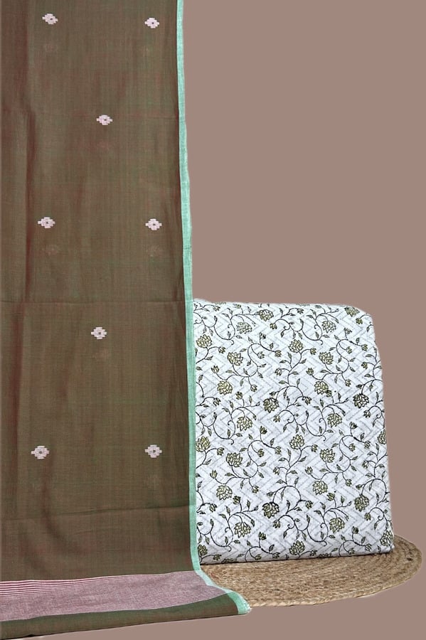 Green - 2pc Handloom Dupatta and Blockprinted Soft Cotton Top Fabric Set This 2pc unstitched fabric set features a soft