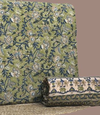 This 2pc unstitched fabric set includes a Blockprinted Soft Cotton top and matching bottom fabric in a navy-olive daisy floral design. Soft