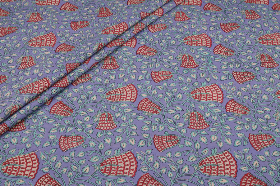 Lavender Red Floral Jaal Pure Soft Cotton HandBlock Printed Fabric Authentic HandBlock Sanganeri Printed