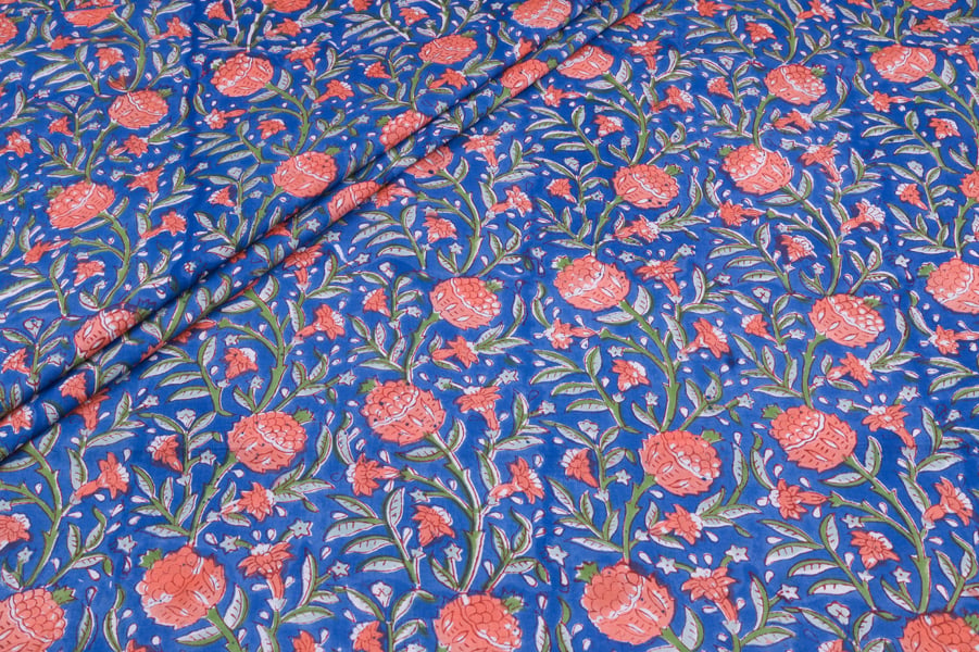 Blue Coral Floral Jaal Pure Soft Cotton HandBlock Printed Fabric Authentic HandBlock Sanganeri Printed