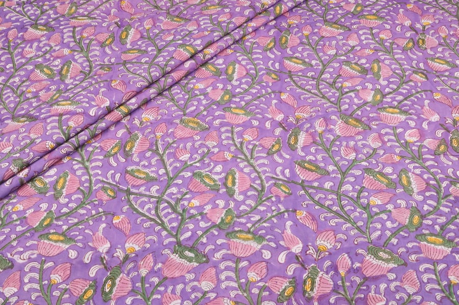 Purple Pink Floral Jaal Pure Soft Cotton HandBlock Printed Fabric Authentic HandBlock Sanganeri Printed