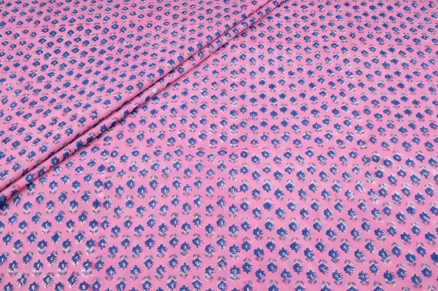 Pink Blue Floral Buti Pure Soft Cotton HandBlock Printed Fabric Authentic HandBlock Sanganeri Printed