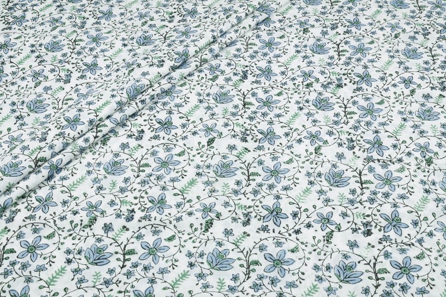 White Blue Floral Jaal Pure Soft Cotton HandBlock Printed Fabric Authentic HandBlock Sanganeri Printed