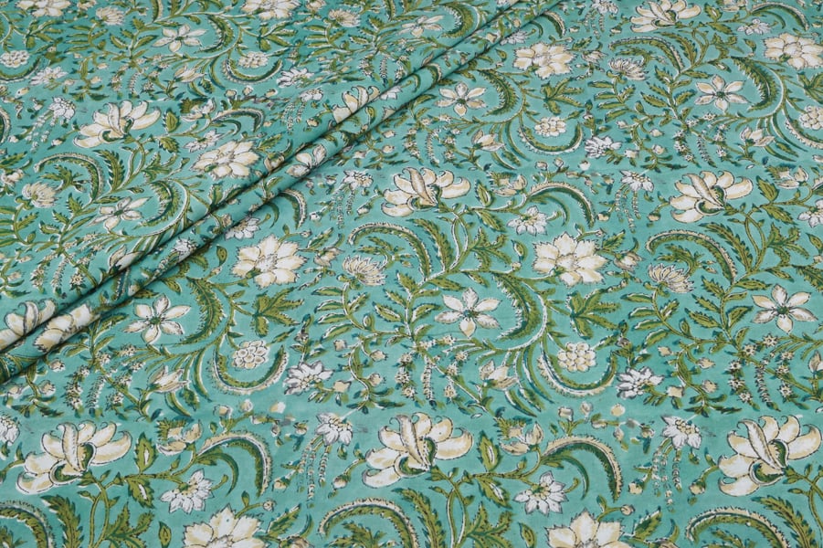 Sea Green Floral Jaal Pure Soft Cotton HandBlock Printed Fabric Authentic HandBlock Sanganeri Printed