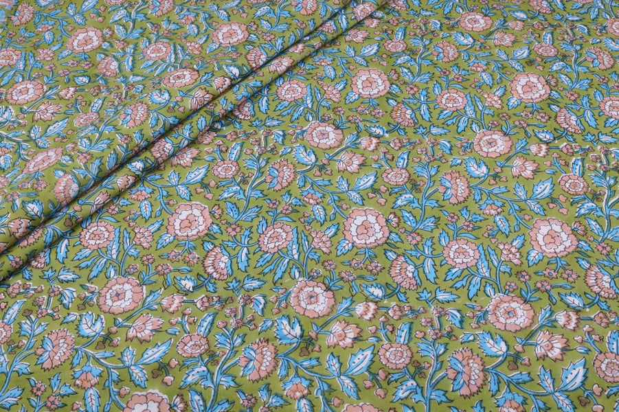Olive Floral Jaal Pure Soft Cotton HandBlock Printed Fabric Authentic HandBlock Sanganeri Printed