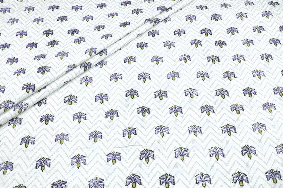 Lilac Floral Zigzag Buti Pure Soft Cotton HandBlock Printed Fabric Authentic HandBlock Sanganeri Printed