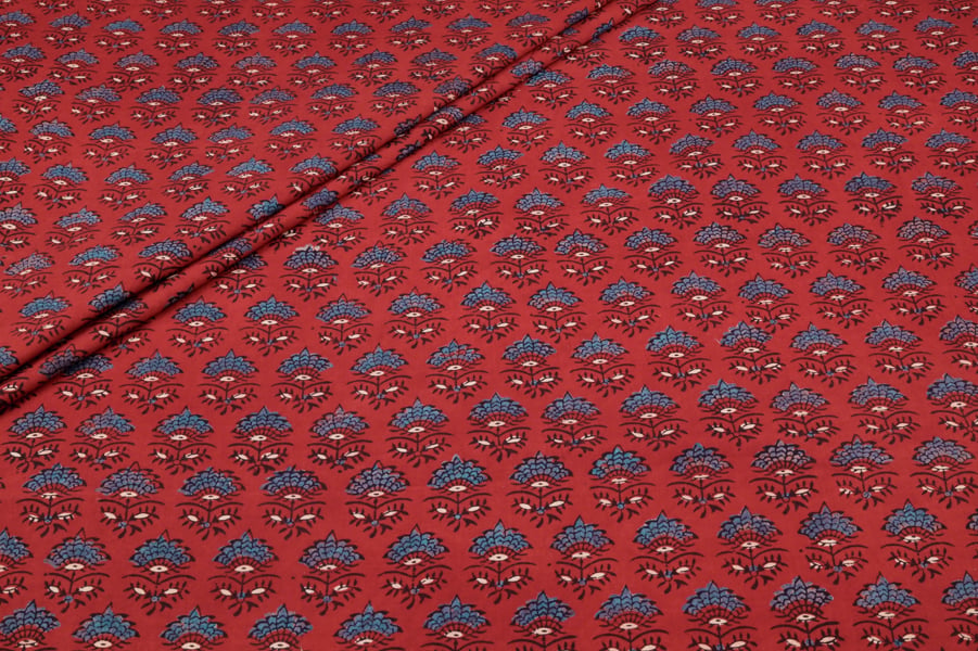 Red Floral Buti Ajrakh Pure Soft Cotton HandCrafted Fabric Authentic Natural Dye