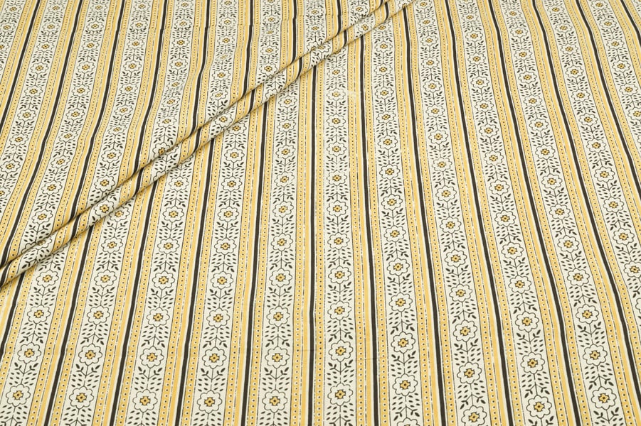 Mustard Floral Stripe Pure Soft Cotton HandBlock Printed Fabric Authentic HandBlock Sanganeri Printed