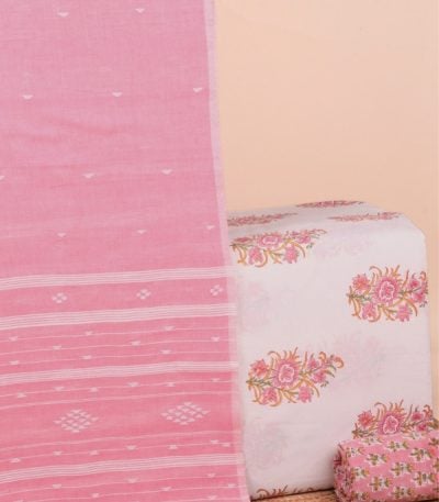 This 2pc unstitched fabric set features a soft