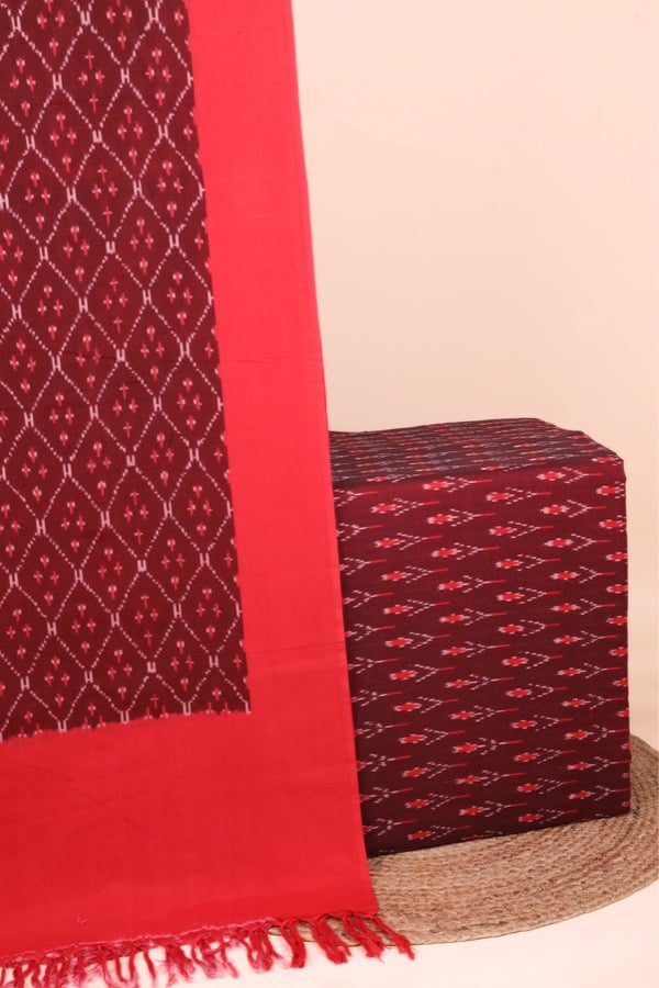 Red - 2pc Ikkat Dupatta and Ikkat Top Fabric Set This 2pc unstitched fabric set features an Ikkat-weave dupatta with a woven border and tasseled fringe