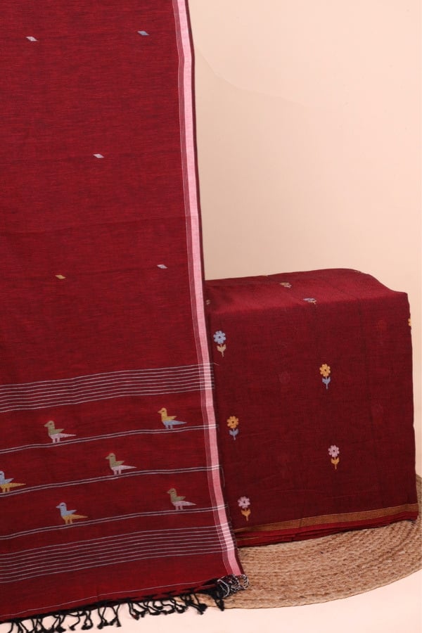 Red - 2pc Handloom Dupatta and Handloom Flower Motif Top Fabric Set This 2pc unstitched fabric set features a soft