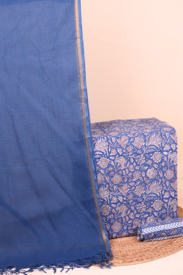 Blue - 3pc Handloom Dupatta with Blockprint Soft Cotton Top & Bottom Set This 3pc unstitched fabric set features a soft