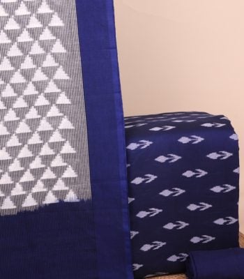 This 3pc unstitched fabric set features an Ikkat-weave dupatta with a woven border and tasseled fringe