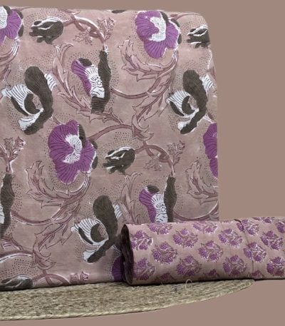 This purple unstitched fabric set includes a 2.50 metre Blockprint Soft Cotton top and a 2.50 metre Blockprint Soft Cotton bottom. No dupatta included in this set.