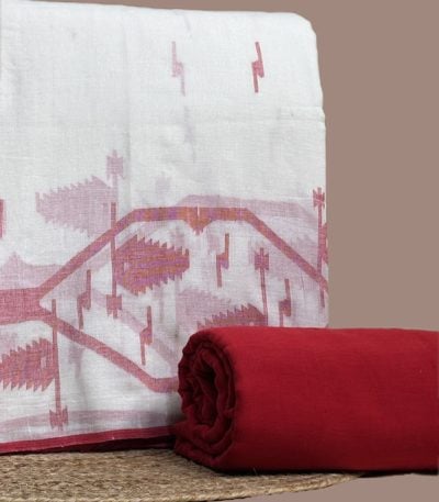 This white unstitched fabric set includes a 2.50 metre Jamdani Intricate Woven Cotton top and a 2.50 metre Handloom bottom. No dupatta included in this set. [Internal note: Colour proposed as White (pale base with pink motifs) - please confirm.]