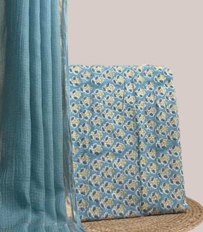 This blue unstitched suit fabric set includes a 2.50 metre AirLoom™ Kota dupatta paired with a 2.50 metre Blockprint Soft Cotton top fabric. Ideal for custom tailoring into your preferred silhouette.