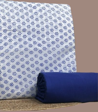 This blue unstitched fabric set includes a 2.50 metre Blockprint Soft Cotton top and a 2.50 metre Blockprint Soft Cotton bottom. No dupatta included in this set.