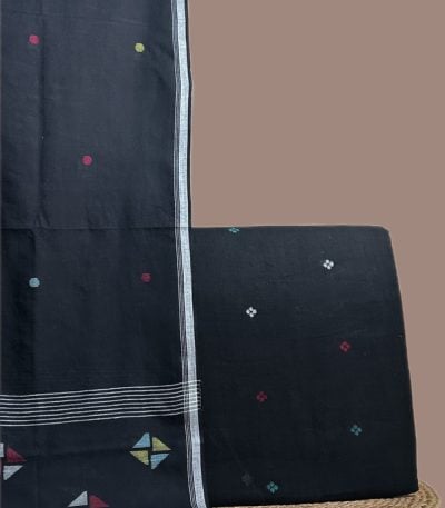 This black unstitched suit fabric set includes a 2.50 metre Handloom Cotton dupatta paired with a 2.50 metre Handloom Woven Design Cotton top fabric. Ideal for custom tailoring into your preferred silhouette.