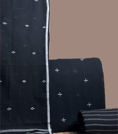 This black unstitched three-piece suit fabric set includes a 2.50 metre Handloom Cotton dupatta
