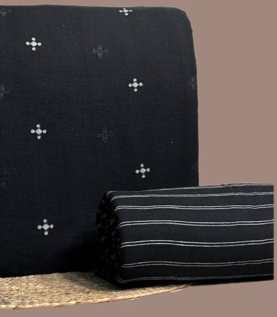 This black unstitched fabric set includes a 2.50 metre Handloom Woven Design Cotton top and a 2.50 metre Handloom Soft Cotton Stripe bottom. No dupatta included in this set.