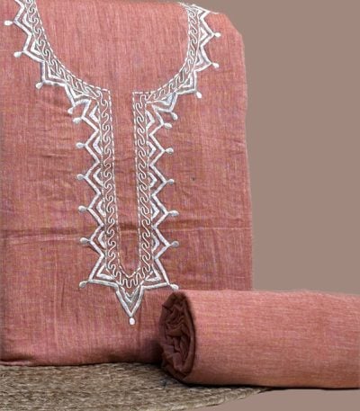 This red handloom soft cotton set features intricate embroidered neckline detailing on the top (3 metres) with a matching solid bottom (2.50 metres). No dupatta included in this set.