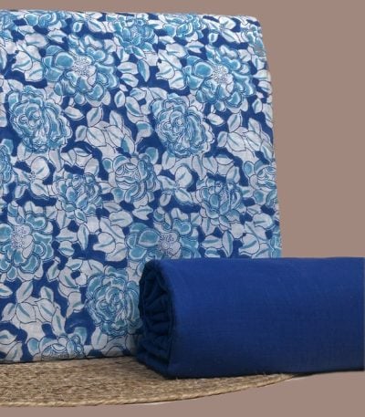 This blue unstitched fabric set includes a 2.50 metre Blockprint Soft Cotton top and a 2.50 metre Blockprint Soft Cotton bottom. No dupatta included in this set.