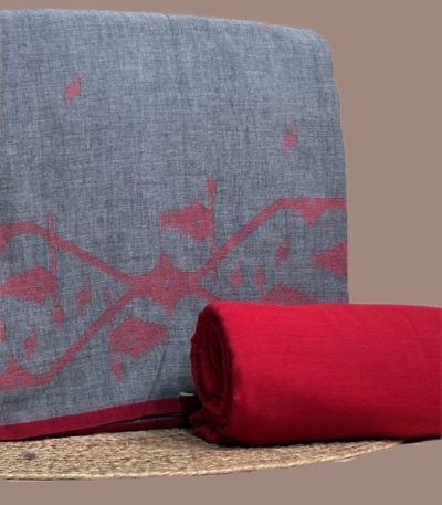 This gray unstitched fabric set includes a 2.50 metre Jamdani Intricate Woven Cotton top and a 2.50 metre Handloom bottom. No dupatta included in this set.