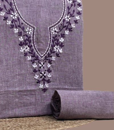This purple handloom soft cotton set features intricate embroidered neckline detailing on the top (3 metres) with a matching solid bottom (2.50 metres). No dupatta included in this set.