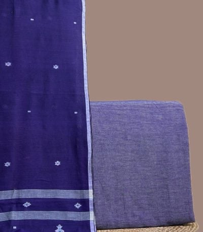 This purple unstitched suit fabric set includes a 2.50 metre Handloom Cotton dupatta paired with a 2.50 metre Handloom Cotton Stripe top fabric. Ideal for custom tailoring into your preferred silhouette.