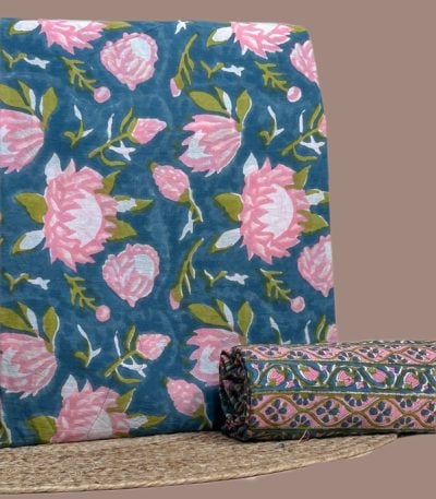 This blue unstitched fabric set includes a 2.50 metre Blockprint Soft Cotton top and a 2.50 metre Blockprint Soft Cotton bottom. No dupatta included in this set. [Internal note: Original read showed this as a draped dupatta + rolled top pairing (teal floral + olive/pink border)