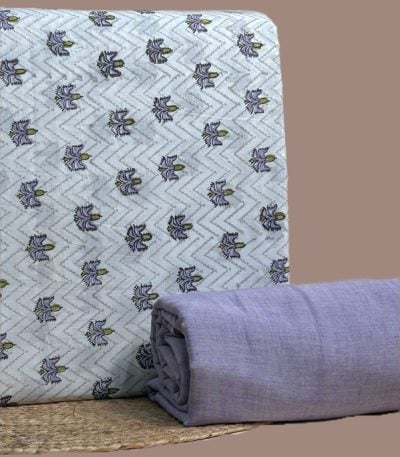 This purple unstitched fabric set includes a 2.50 metre Blockprint Soft Cotton top and a 2.50 metre Handloom Cotton bottom. No dupatta included in this set.