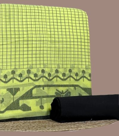 This green unstitched fabric set includes a 2.50 metre Jamdani Intricate Woven Cotton top and a 2.50 metre Handloom bottom. No dupatta included in this set. [Internal note: Base shade reads as yellow-green (chartreuse); mapped to Green tentatively - please confirm vs Yellow.]