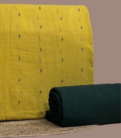 This yellow unstitched fabric set includes a 2.50 metre Handloom Woven Design Cotton top and a 2.50 metre Handloom Soft Cotton bottom. No dupatta included in this set.