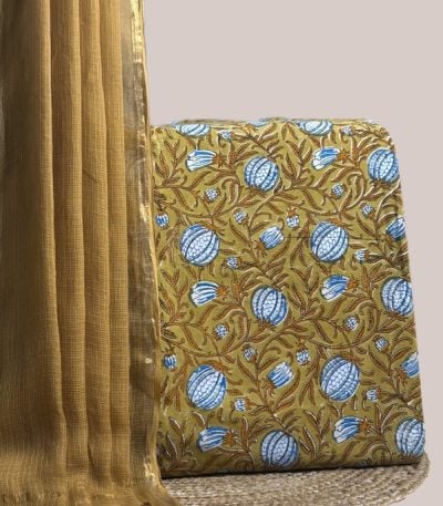 This yellow unstitched suit fabric set includes a 2.50 metre AirLoom™ Kota dupatta paired with a 2.50 metre Blockprint Soft Cotton top fabric. Ideal for custom tailoring into your preferred silhouette.