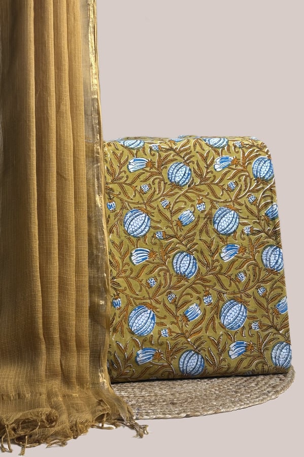 Yellow - 2pc AirLoom™ Kota Dupatta and Blockprint Soft Cotton Top Fabric Set This yellow unstitched suit fabric set includes a 2.50 metre AirLoom™ Kota dupatta paired with a 2.50 metre Blockprint Soft Cotton top fabric. Ideal for custom tailoring into your preferred silhouette.