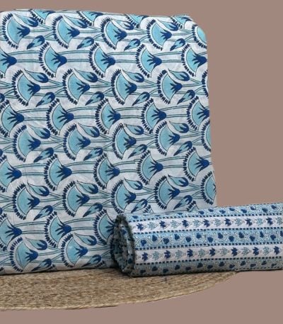 This blue unstitched fabric set includes a 2.50 metre Blockprint Soft Cotton top and a 2.50 metre Blockprint Soft Cotton bottom. No dupatta included in this set.