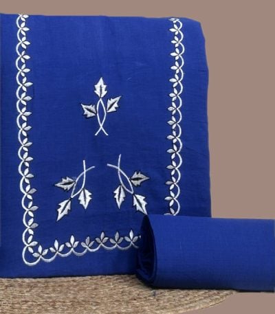 This blue handloom soft cotton set features intricate embroidered neckline detailing on the top (3 metres) with a matching solid bottom (2.50 metres). No dupatta included in this set.