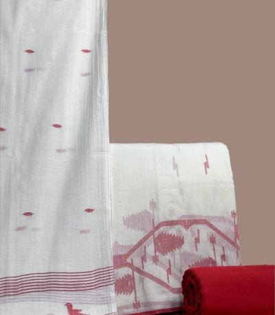 This white unstitched three-piece suit fabric set includes a 2.50 metre Handloom Cotton dupatta