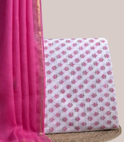This pink unstitched suit fabric set includes a 2.50 metre AirLoom™ Kota dupatta paired with a 2.50 metre Blockprint Soft Cotton top fabric. Ideal for custom tailoring into your preferred silhouette.