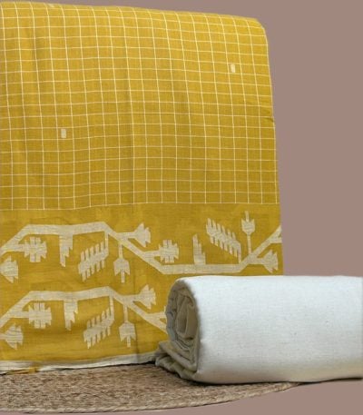 This yellow unstitched fabric set includes a 2.50 metre Jamdani Intricate Woven Cotton top and a 2.50 metre Handloom bottom. No dupatta included in this set.