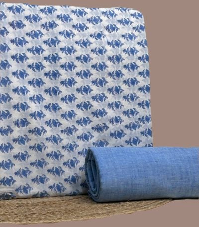 This blue unstitched fabric set includes a 2.50 metre Blockprint Soft Cotton top and a 2.50 metre Handloom Cotton bottom. No dupatta included in this set.