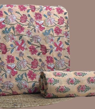 This pink unstitched fabric set includes a 2.50 metre Blockprint Soft Cotton top and a 2.50 metre Blockprint Soft Cotton bottom. No dupatta included in this set. [Internal note: Original read showed a dense peach floral dupatta-style piece + matching border piece; priced per your Blockprint T+B instruction but please confirm structure and colour (peach was mapped to Pink).]